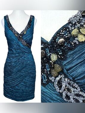 Ignite Evenings Blue Textured Beaded Bodycon Sleeveless Cocktail Dress 12